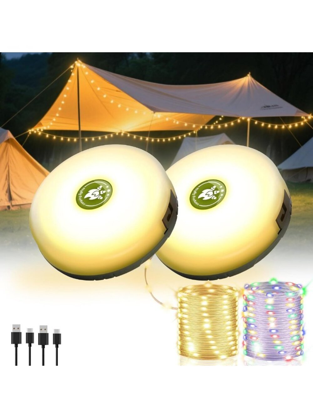 2 Pack Rechargeable Camping String Lights - 8 Modes Fairy Tent Decor